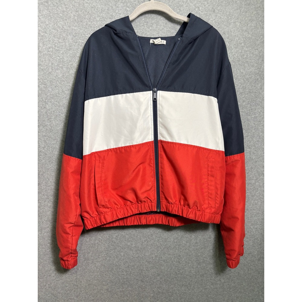 Forever‎ 21 Colorblock Cropped Windbreaker Jacket Red Navy White Large Coastal